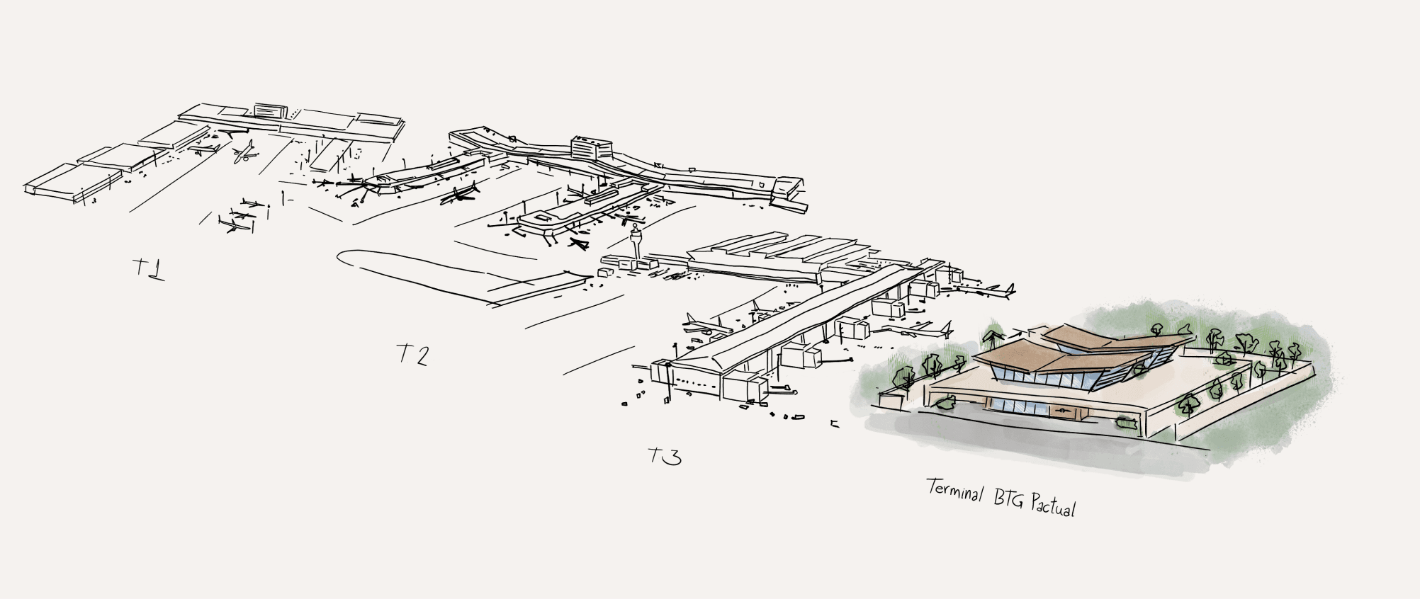 Ilustração sketch do Terminal BTG Pactual e sua localização no Aeroporto Internacional de Guarulhos (GRU).